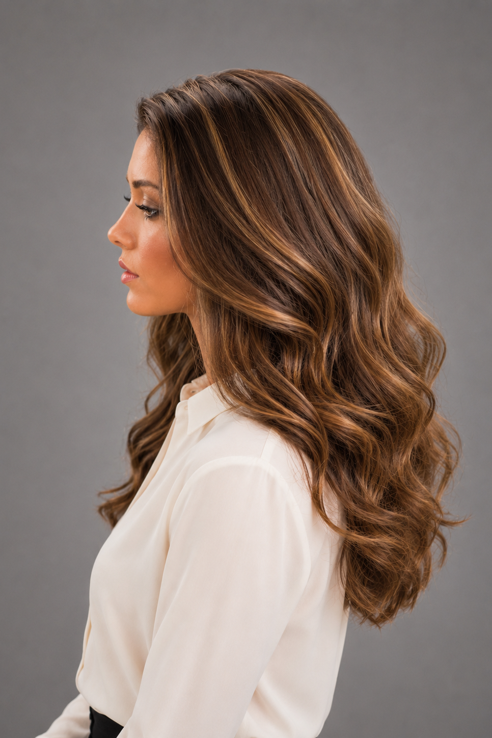 Woman wearing Bespoke Human Hair Wig by PUSH 14-22" in color Belle with a cream colored button down blouse and black pants on a light grey background. Left side view.