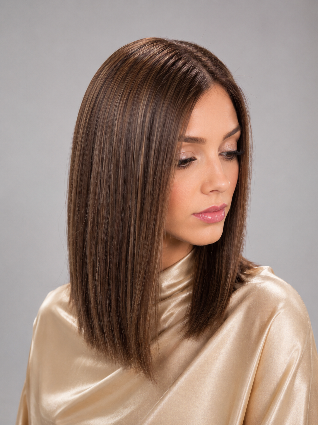 Woman wearing Bespoke 15-inch human hair wig by Push in color Noisette, with straight brown hair wearing a gold outfit against a gray background