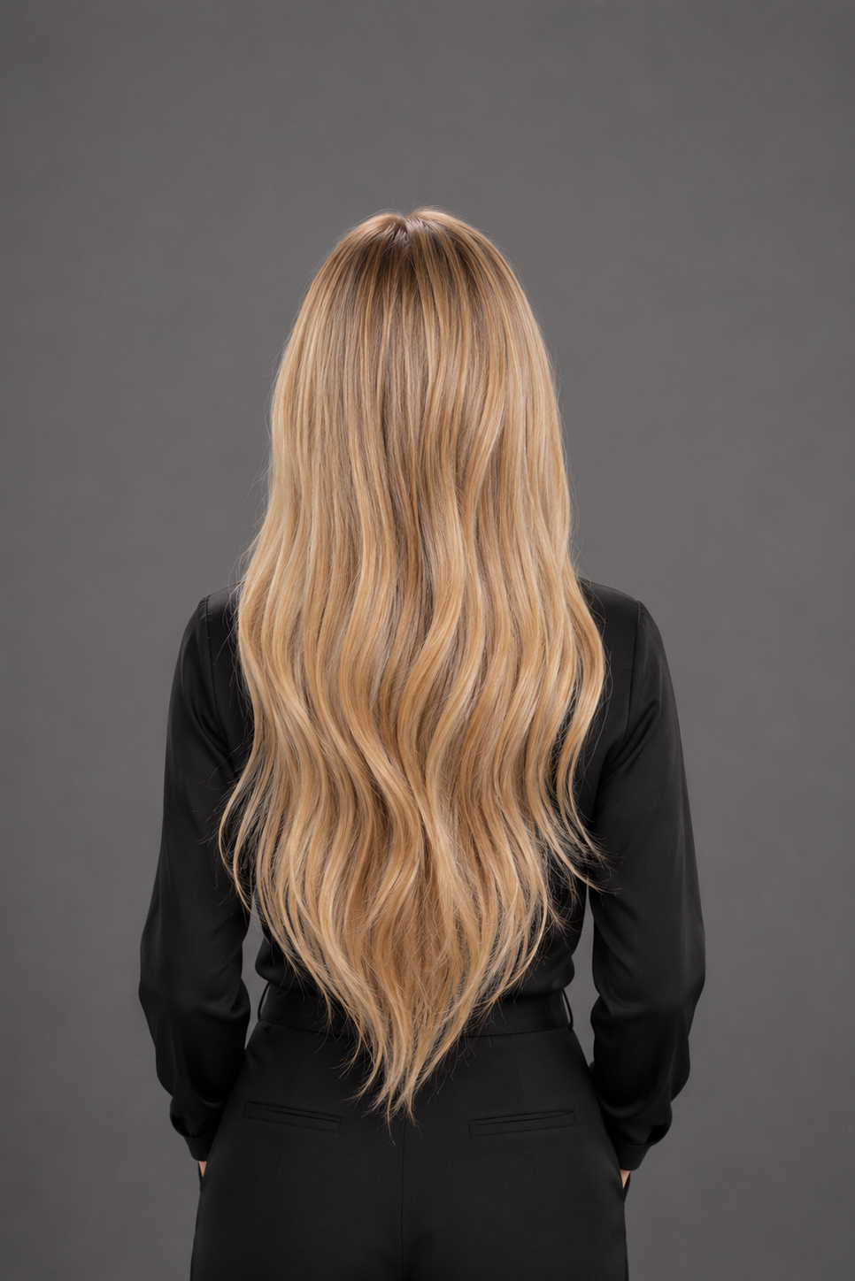 Woman wearing Bespoke Human Hair Wig by PUSH 20-26" in color Brûlée Dorée with black blouse and pants. Back view.