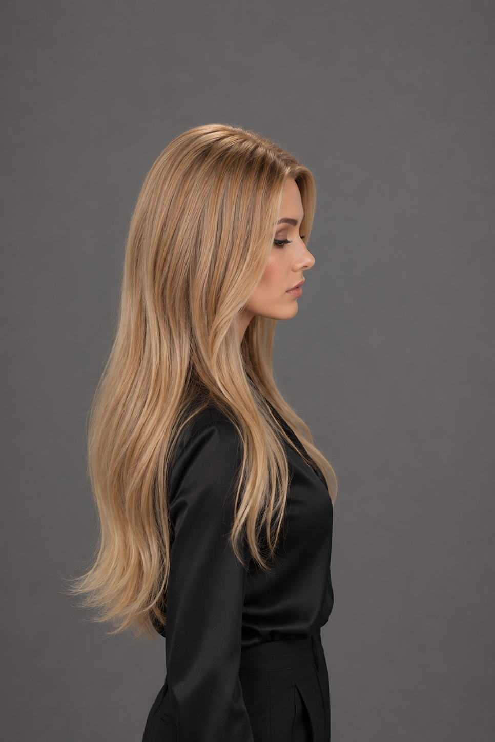Woman wearing Bespoke Human Hair Wig by PUSH 20-26" in color Brûlée Dorée with black blouse and pants. Right side view.