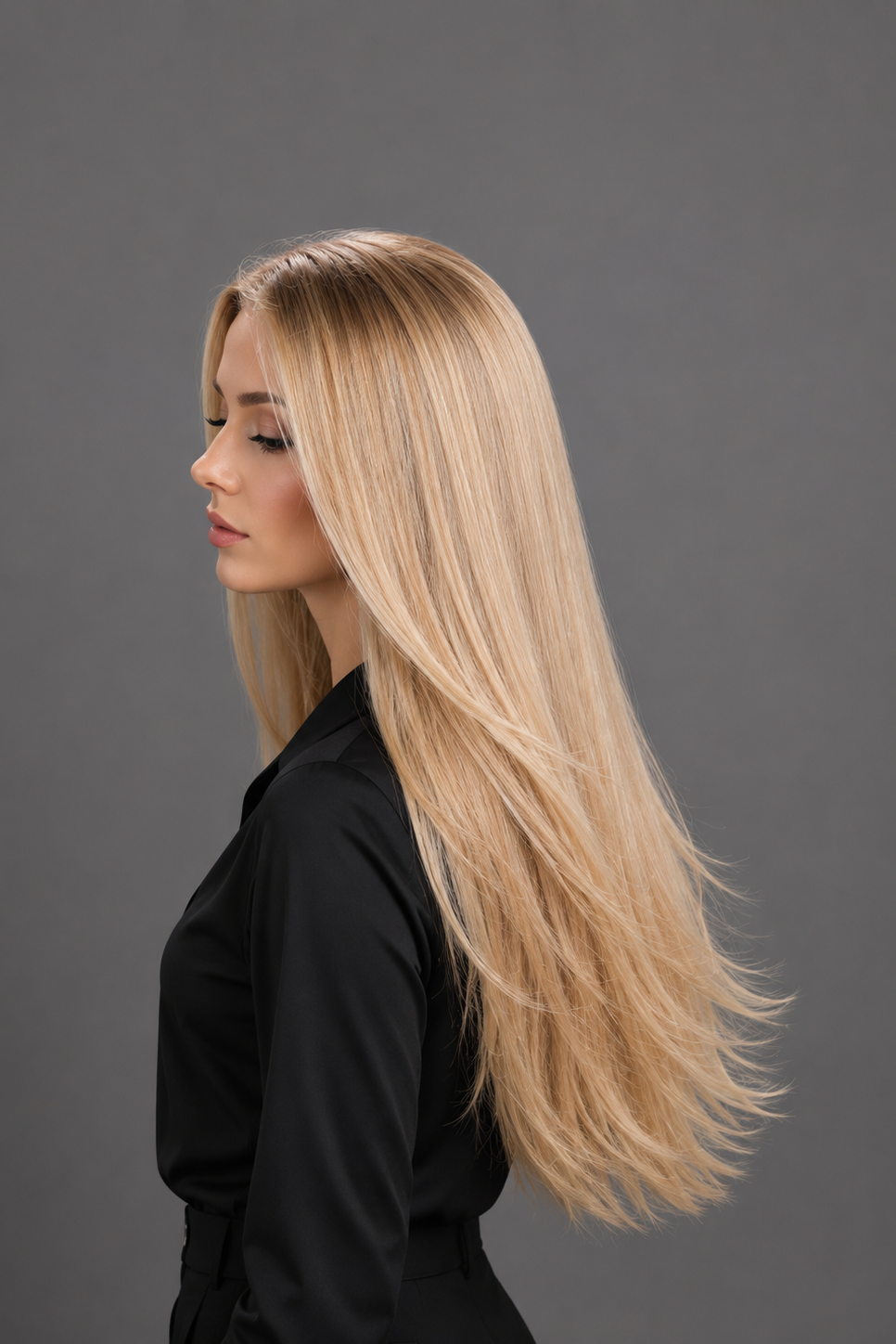 Woman wearing Bespoke Human Hair Wig by PUSH 20-26" in color Soleil with black blouse and black pants. Left side view.