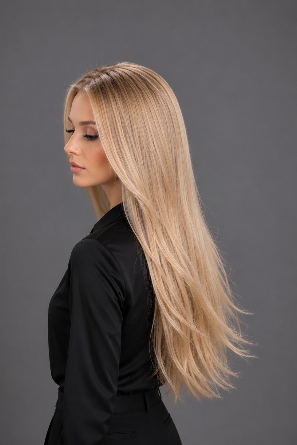 Woman wearing Bespoke Human Hair Wig by PUSH 20-26" in color Soleil with black blouse and black pants. Left side view.