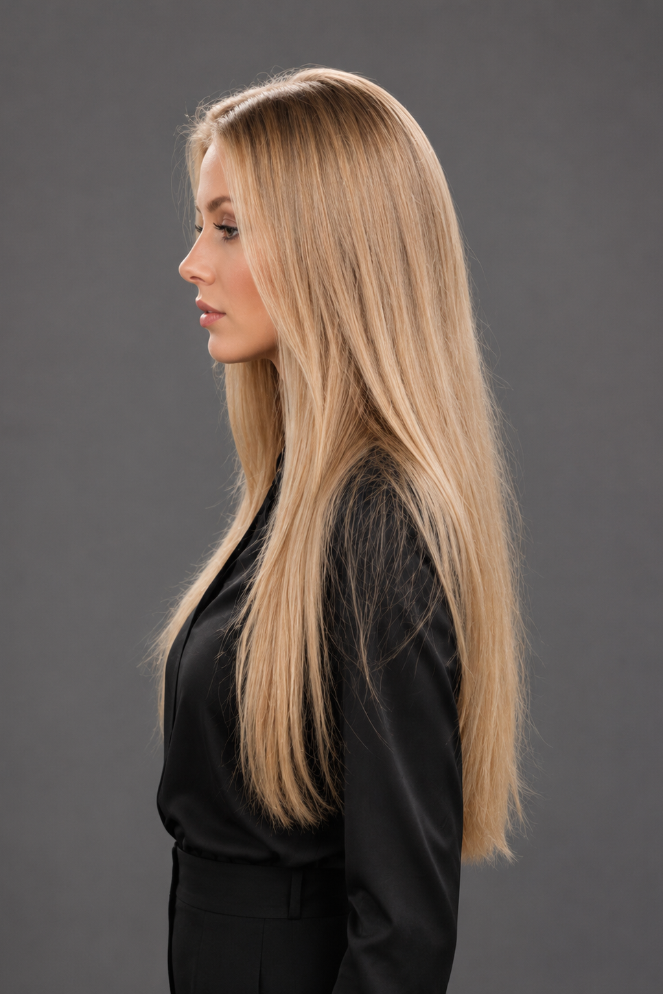 Woman wearing 20" Human Hair Wig by PUSH in color Brulee Doree with black top and pants | Left side view.