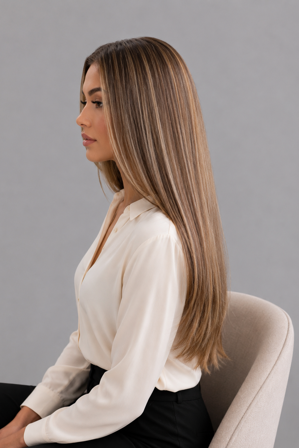 Woman sitting in a white chair wearing a Bespoke Human Hair Wig by PUSH in color Jolie and a cream colored button down blouse with black pants. Left side view.