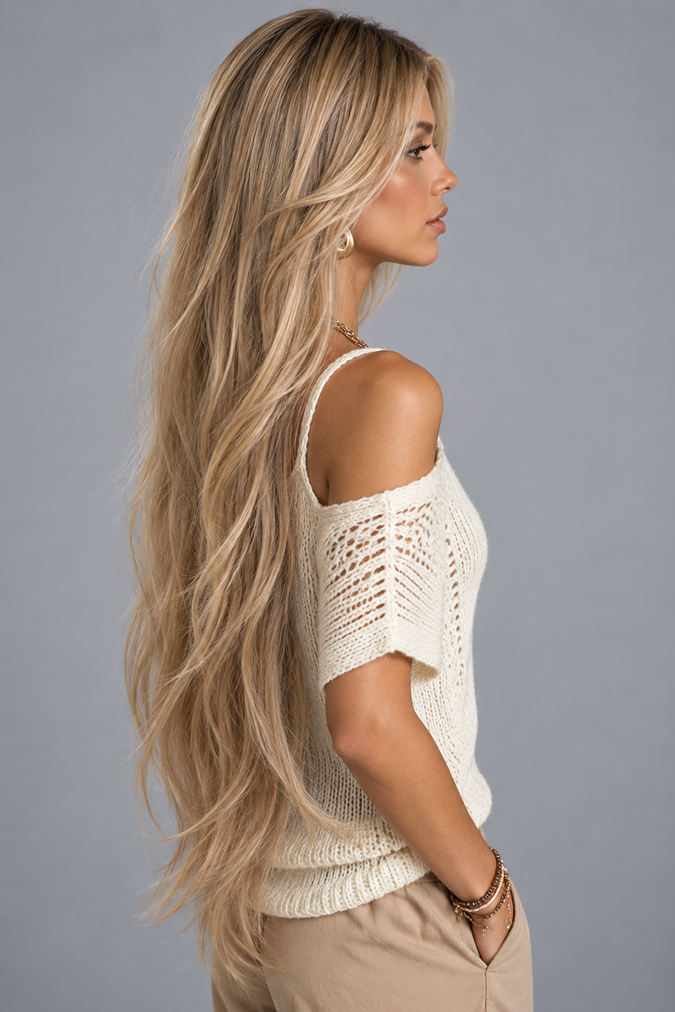 Woman wearing a PUSH human hair wig in color Brulee Doree and a cream off-the-shoulder top with tan pants and a gold necklace and earrings against a light grey background-right side view.