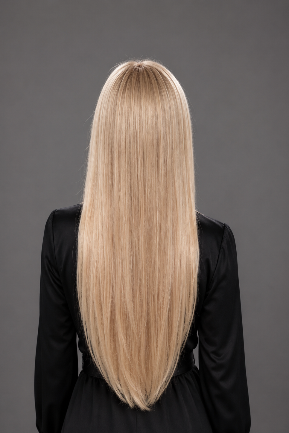 Woman wearing Bespoke 24-30" Human Hair Wig by PUSH in color Glacial with black top and pants. Back view.