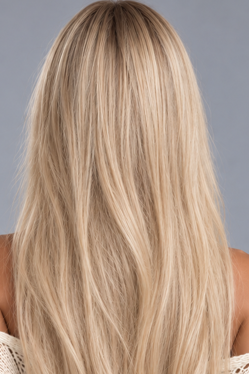 Glacial | A cool-toned light ash blonde color with light brown rooting, boasting sophistication and confidence.