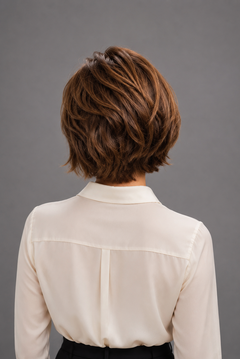 Woman wearing Bespoke Human Hair Wig by PUSH in color Noisette with a button down cream blouse. Back view.