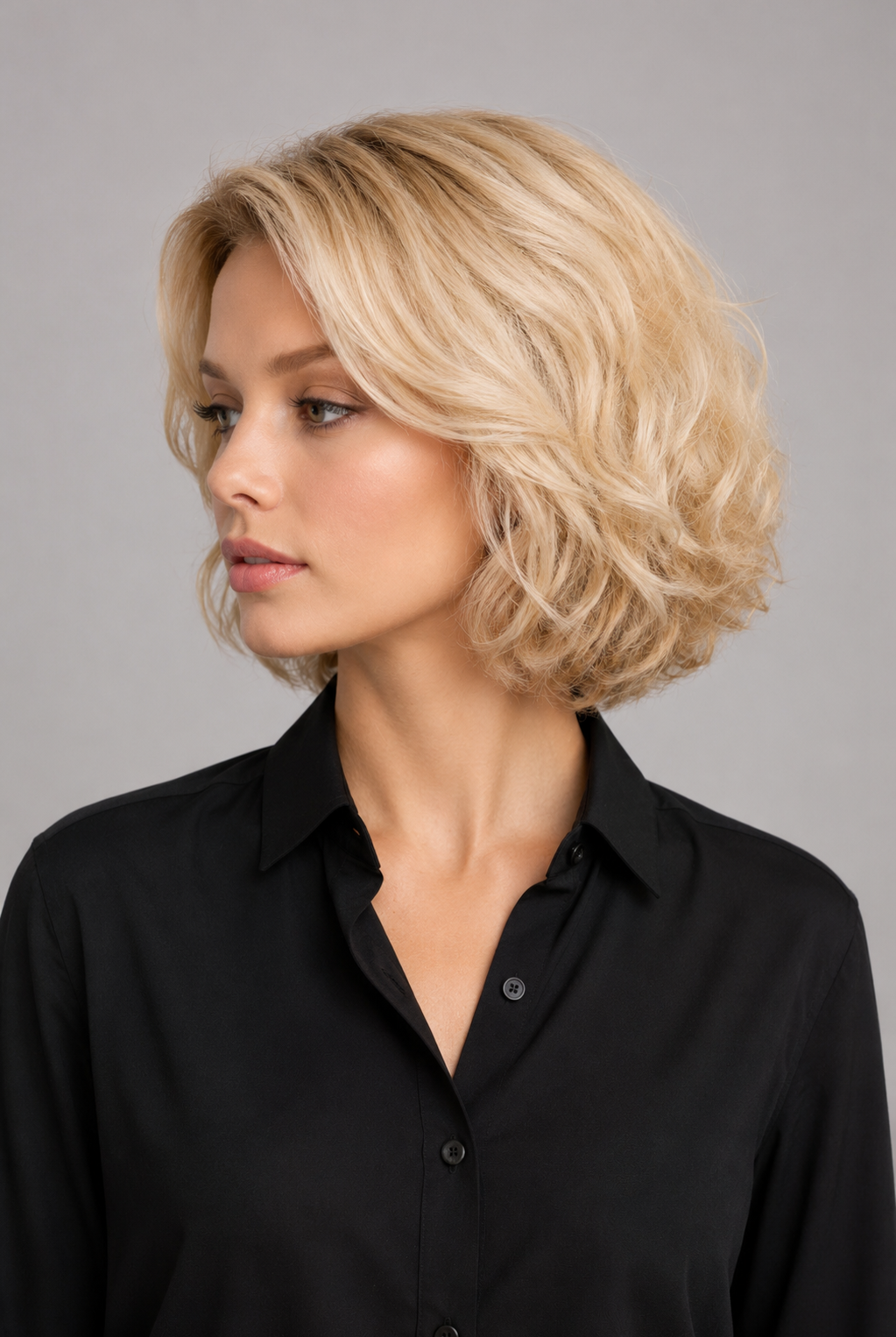 Woman wearing Bespoke Human Hair Wig 5-13" in color Blond Platine Racine Miel with black button down blouse. Left side view.