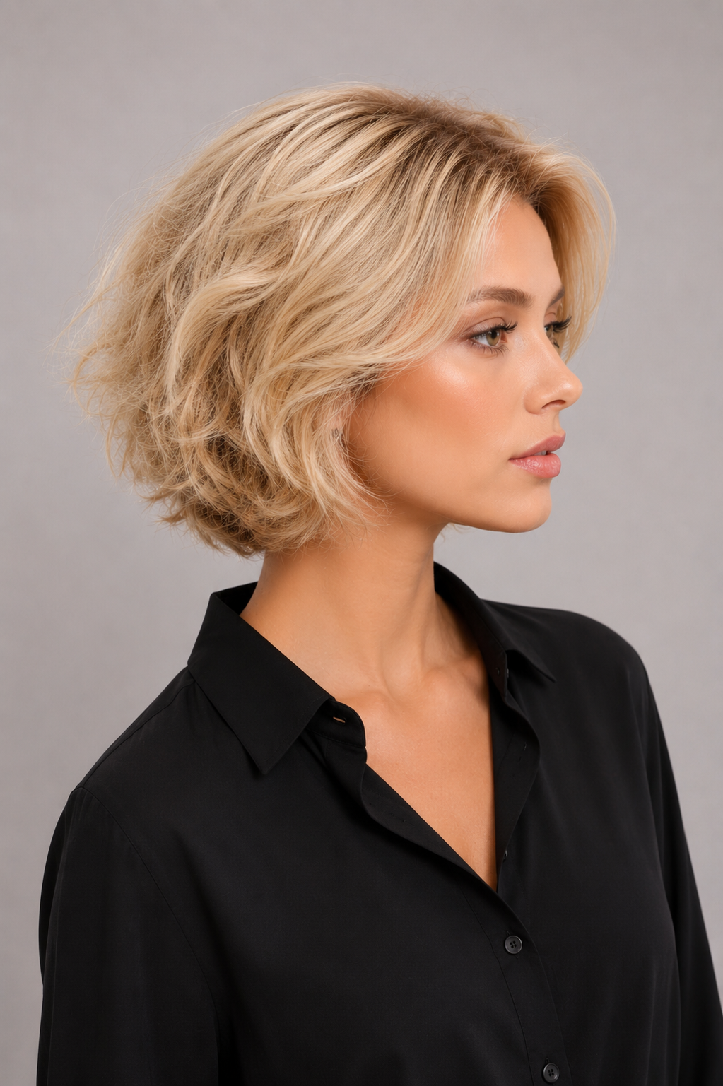 Woman wearing Bespoke Human Hair Wig 5-13" in color Blond Platine Racine Miel with black button down blouse. Right side view.