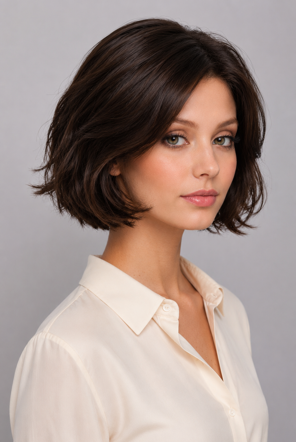 Woman wearing Bespoke Human Hair Wig by PUSH 5-13" in length in color cafe with a cream colored blouse. Front view.