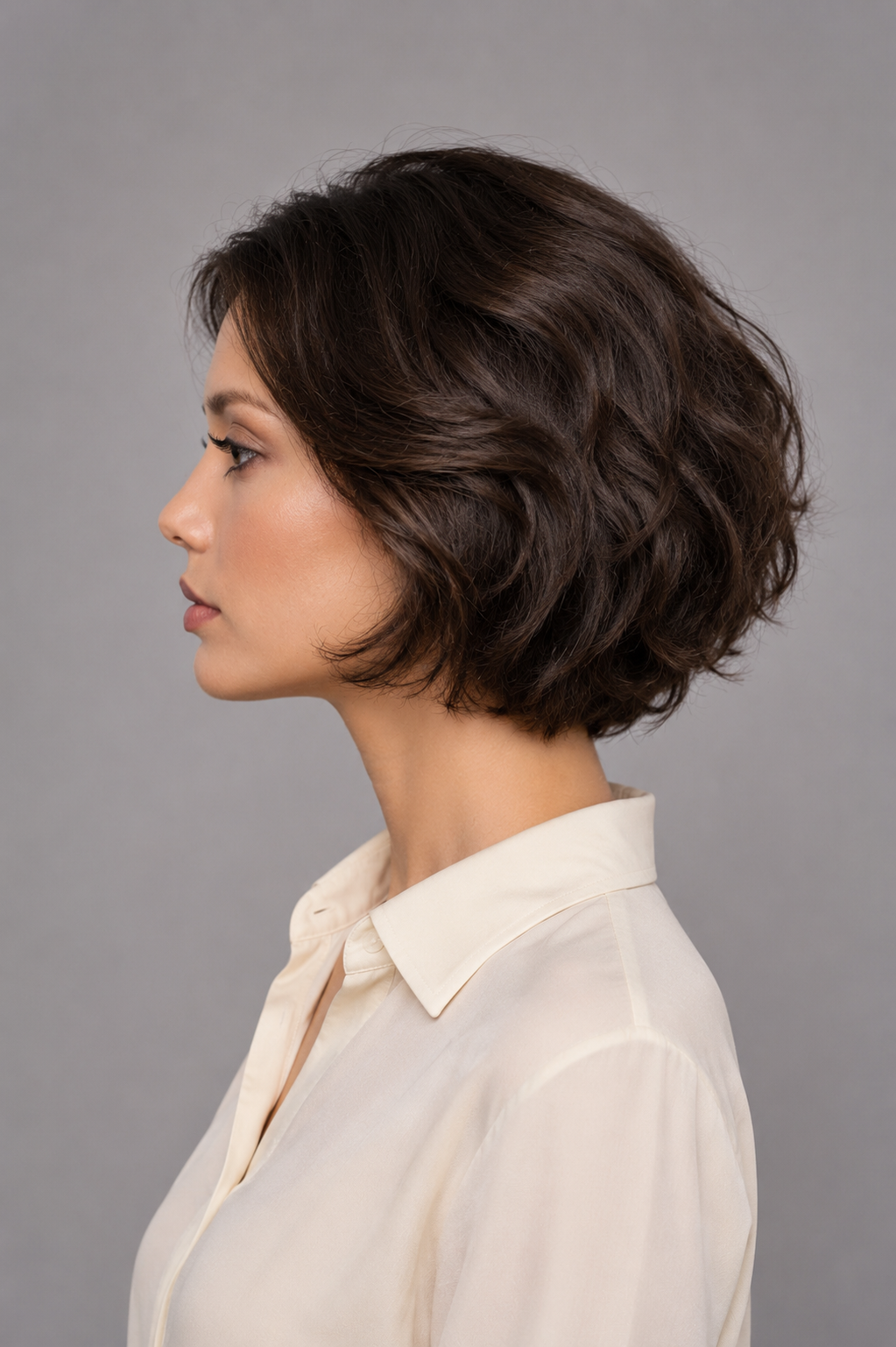 Woman wearing Bespoke Human Hair Wig by PUSH 5-13" in length in color cafe with a cream colored blouse. Left side view.