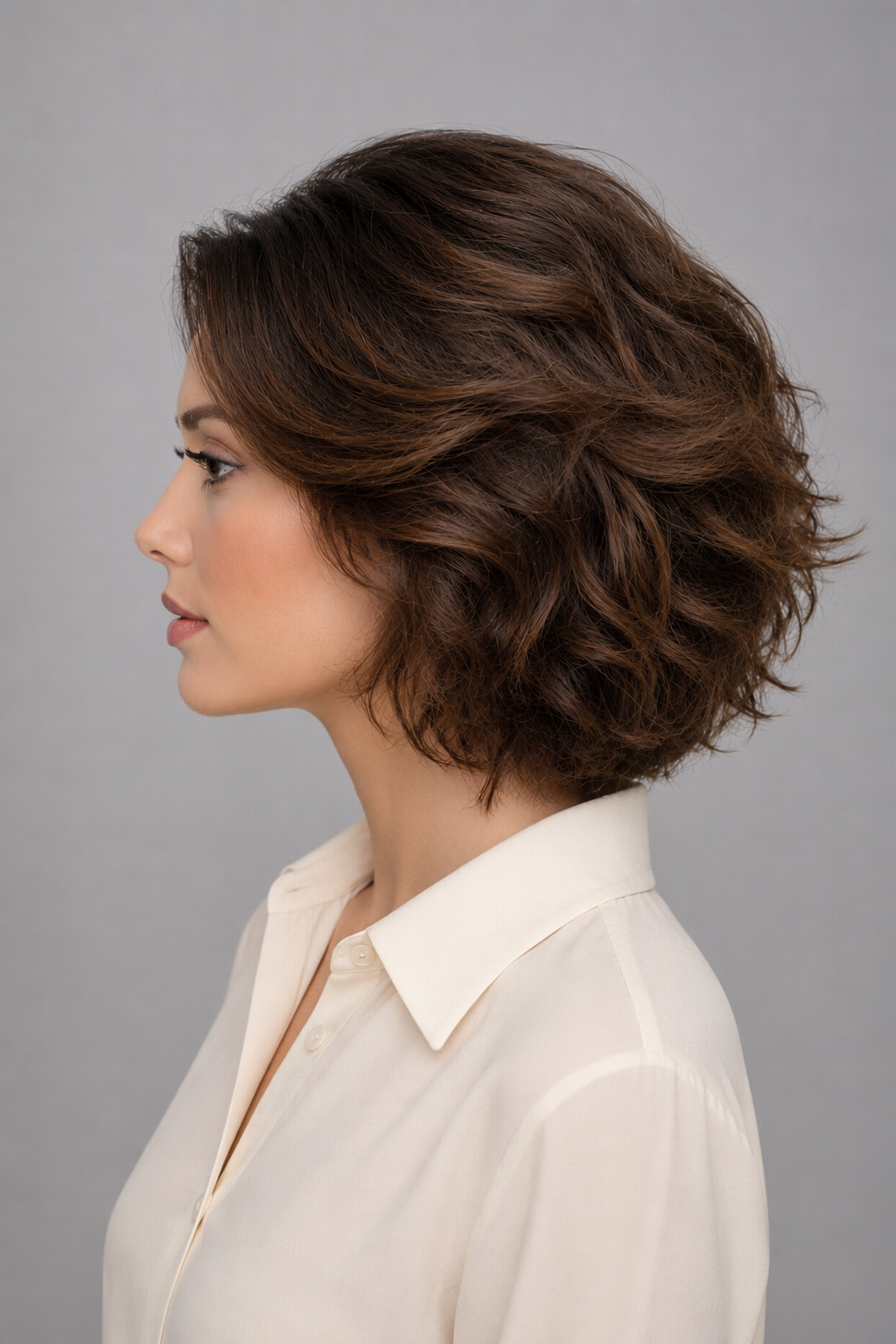 Woman with styled Bespoke Human Hair Wig in a chestnut brown color wearing a white blouse against a gray background. Left side view.