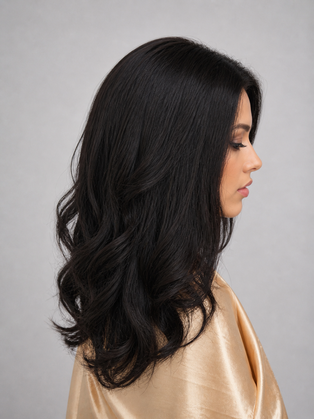 Woman wearing 24" long wavy human hair wig by PUSH Hair in color Noir - Right side view.