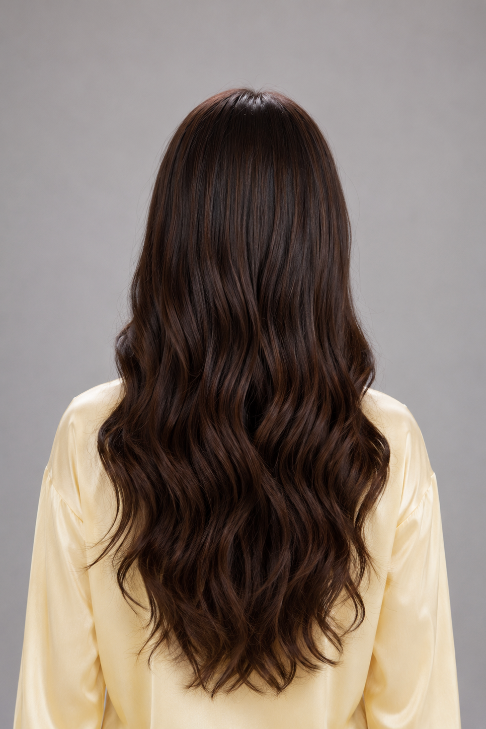 Woman wearing Bradley heat friendly synthetic long wavy wig in color dark chocolate chestnut and a yellow button down blouse against a light grey background. Back view.