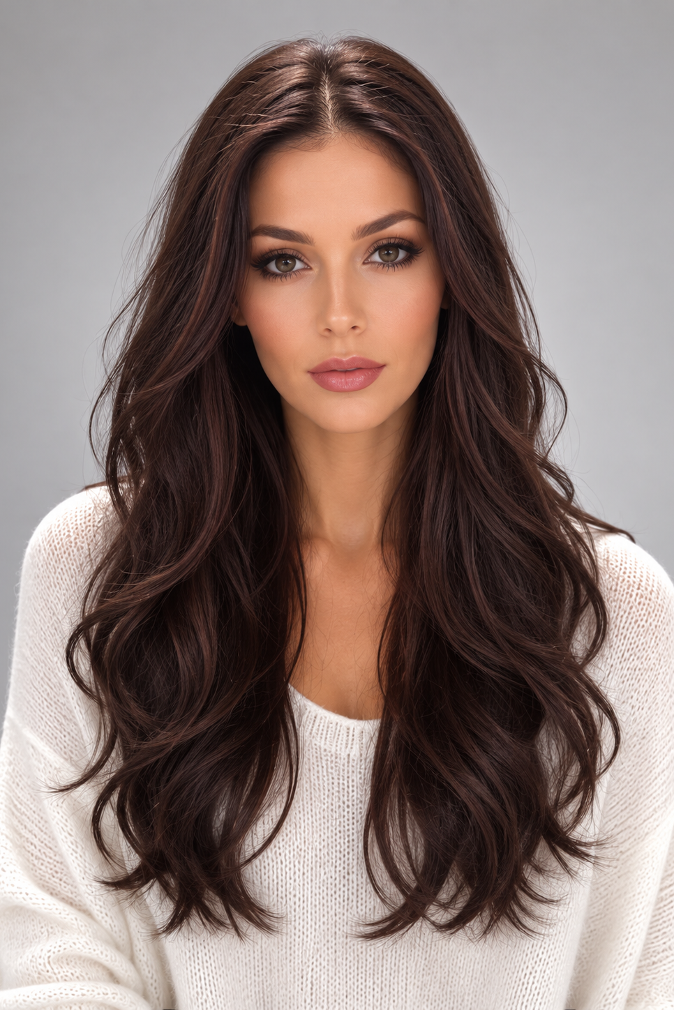 Woman wearing Bradley heat friendly synthetic long wavy wig in color dark chocolate chestnut and a white sweater against a light grey background. Front view.