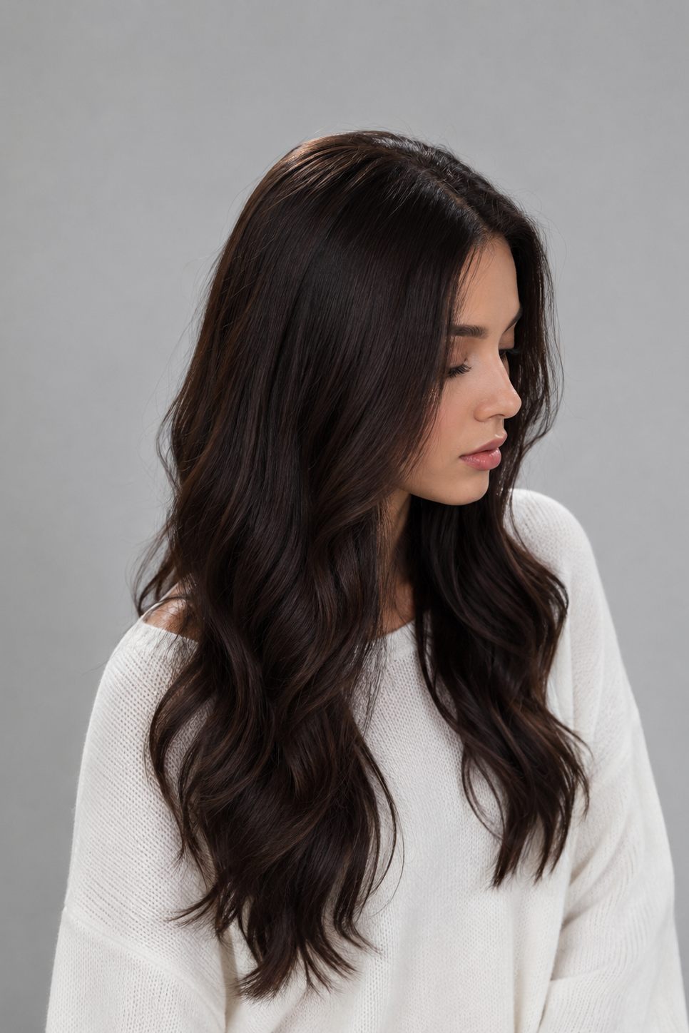 Woman wearing Bradley heat friendly synthetic long wavy wig in color dark chocolate chestnut and a white sweater against a light grey background. Right side view.