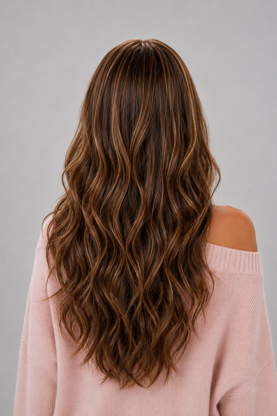 Woman wearing Bradley heat friendly synthetic long wavy wig in color sunlit brunette and a light pink sweater against a light grey background. Back view.