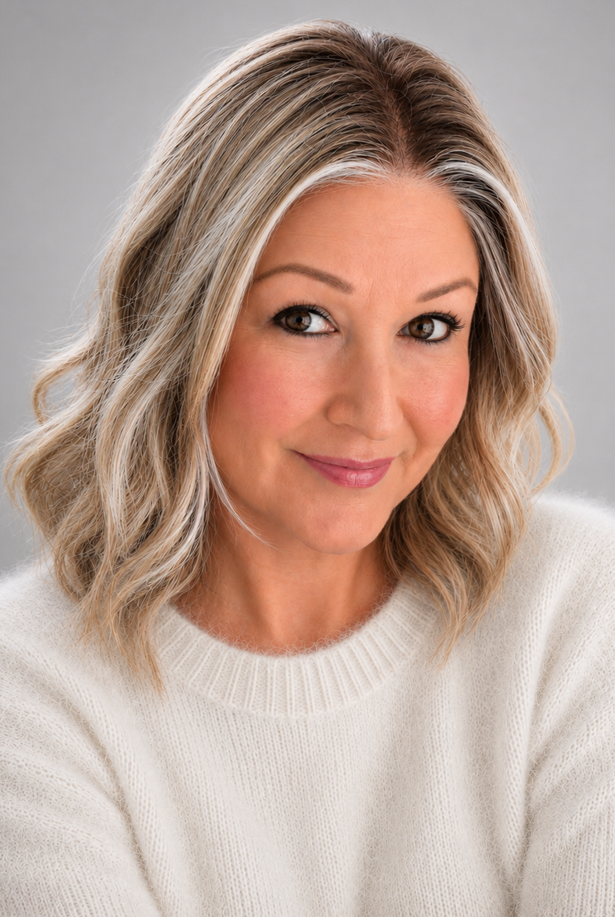 A woman wearing Brielle synthetic wig by PUSH Hair, a shoulder-length blonde-highlighted wavy wig, and a soft cream knit sweater, photographed against a plain light gray studio background.