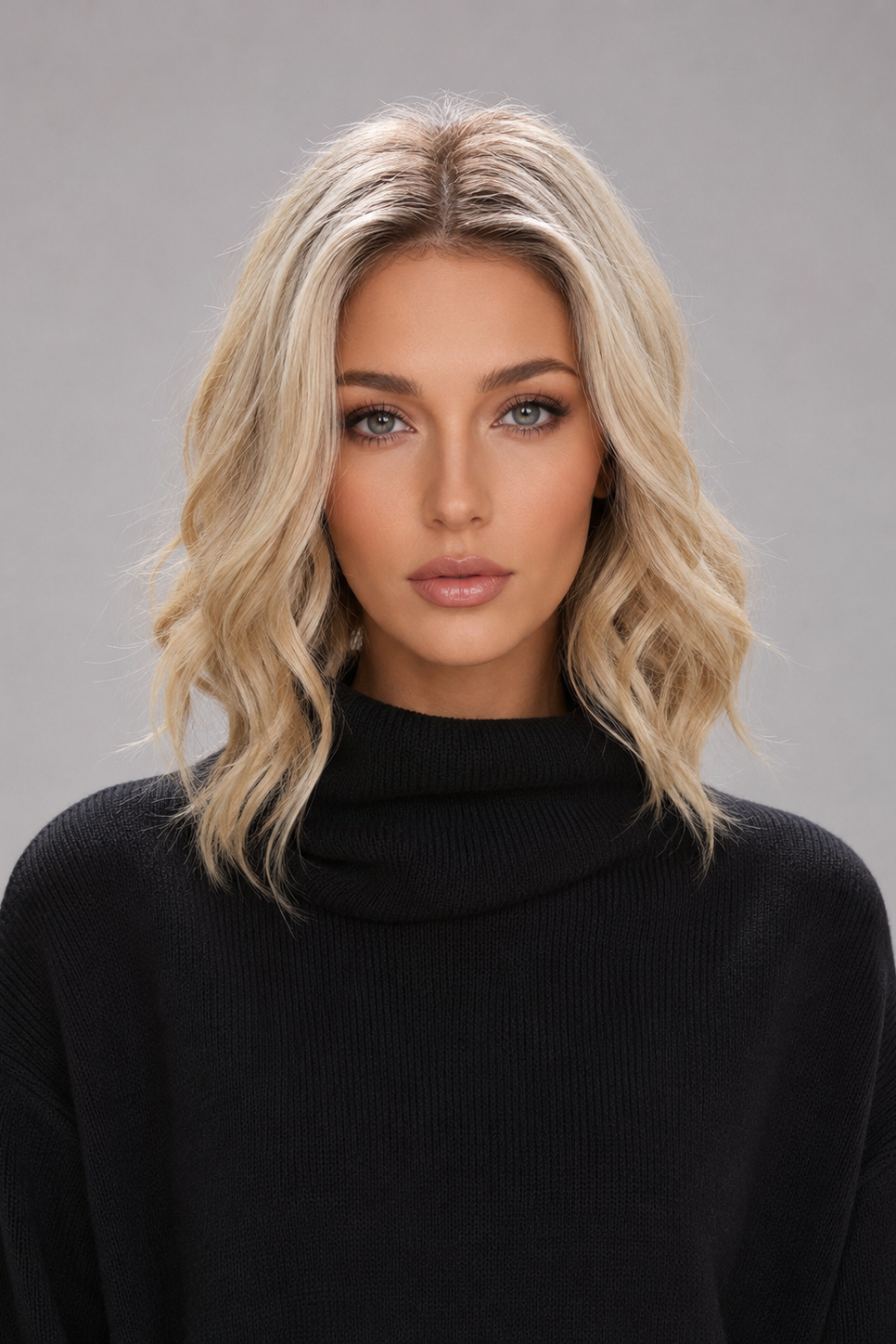 Woman wearing Brielle synthetic wig by PUSH in color golden champagne rooted with a black top against a light grey background. Front view.