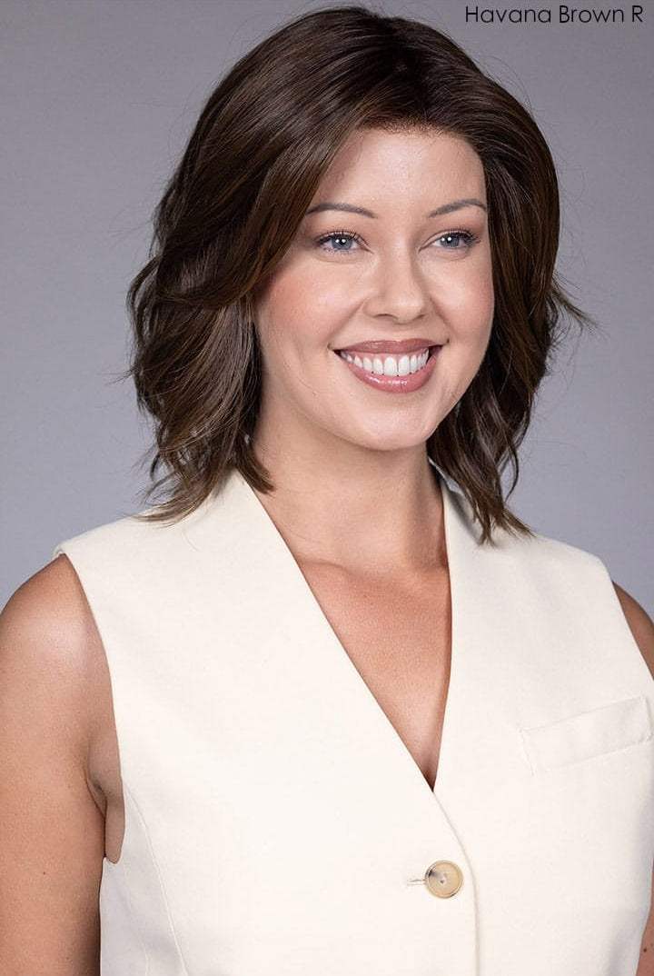 Model is wearing Cyrus wig by Belle Tress in Havana Brown R Front 1