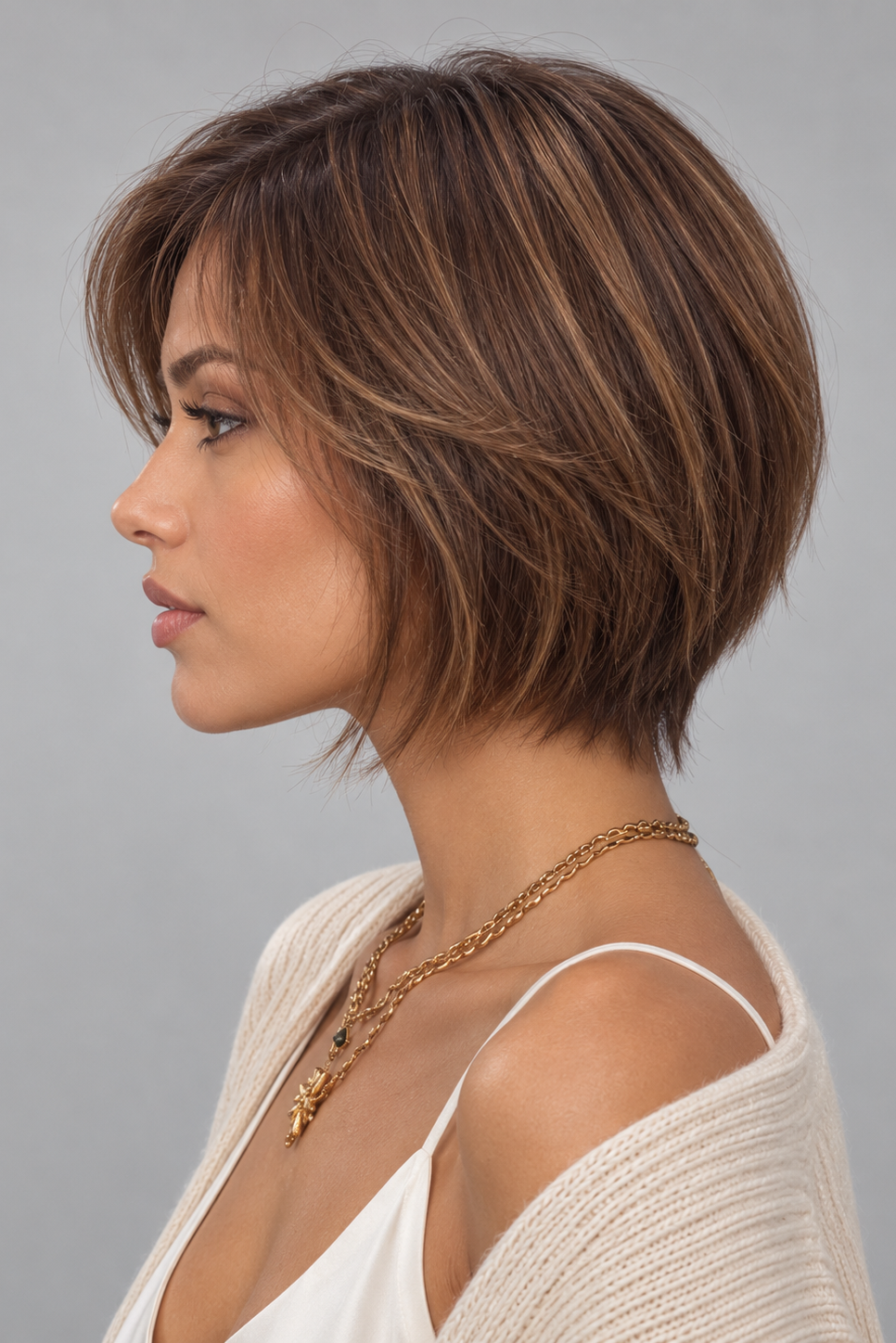 A woman wearing Emma Human Hair Wig by PUSH in color Mocha Blended with a light tan v-neck sweater on over a silk camisole with a gold necklace against a light grey background. Left side view.