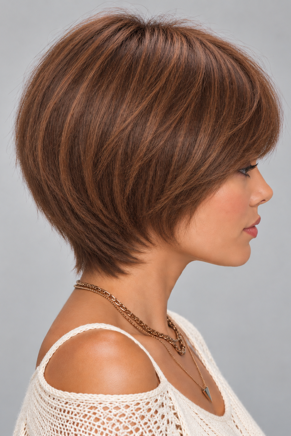 Mocha Blend | A rich, dimensional brunette featuring a dark mocha brown base blended with warm chestnut and caramel-brown tones, accented by fine golden-copper highlights throughout.