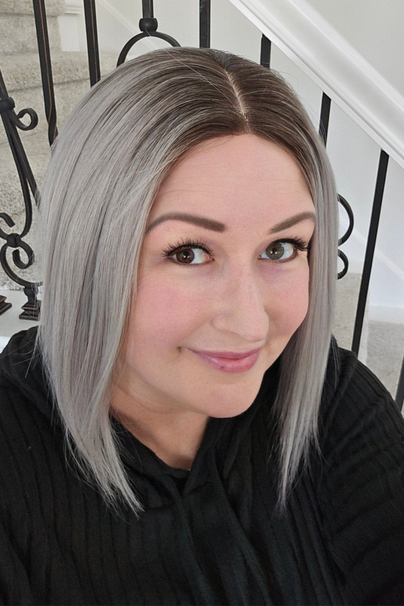 Andrea wearing Geneviève Remy Human Hair Lace Front Wig in color Éclipse - Front view.