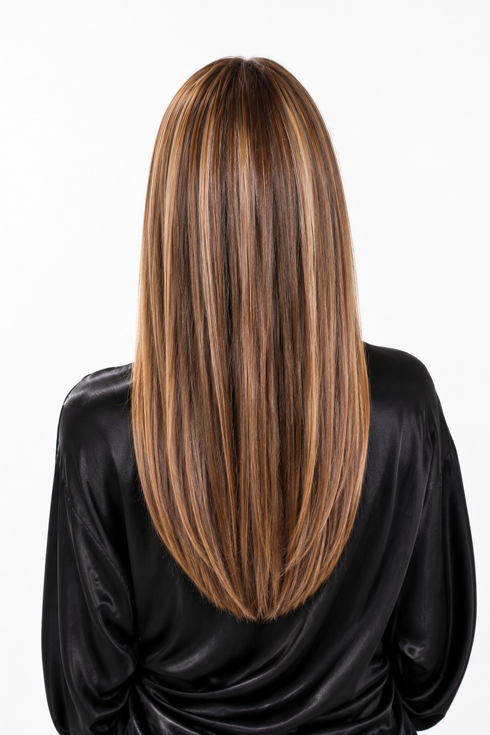 Jolie | A base of rich brown, complemented by highlights of light brown and chunky medium natural-ash blonde highlights.