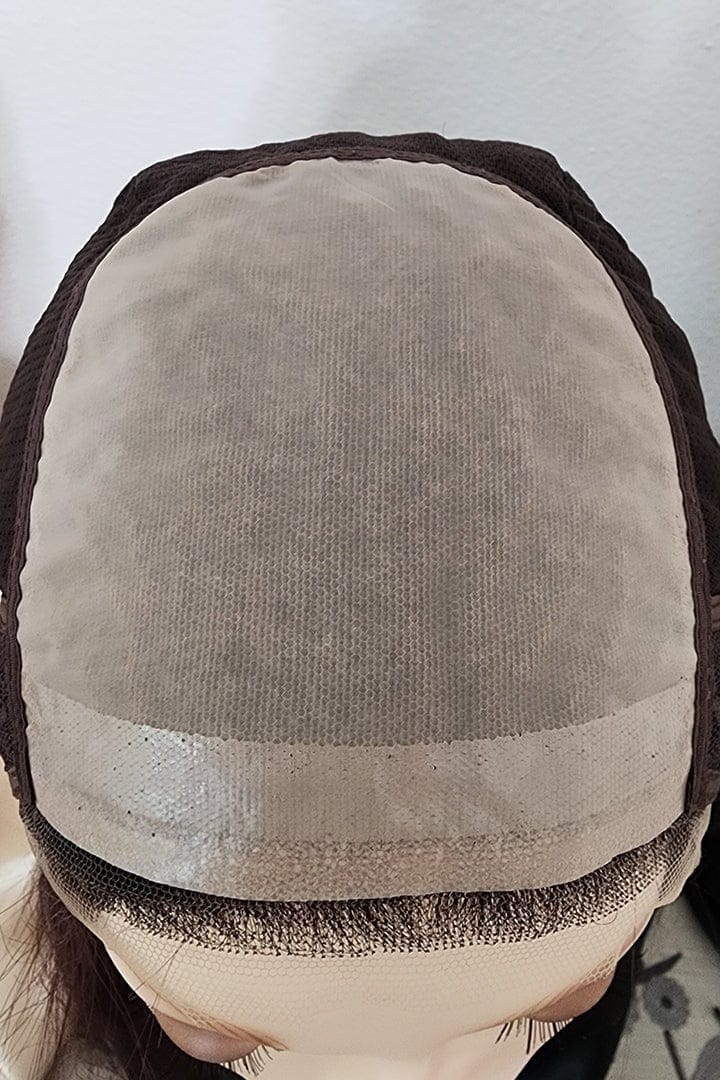 Essence Collection by PUSH Cap Construction | 5 x 5 Silk Top with Polyurethane strip and extended customizable Swiss lace front - Top view