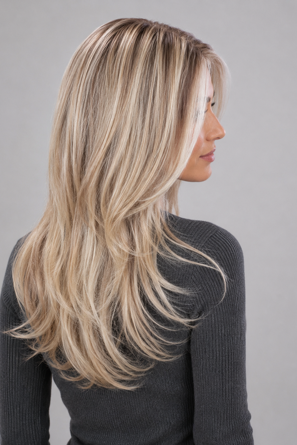Woman wearing Olivia long, wavy, synthetic wig by PUSH in color pearl silk rooted with a long sleeve charcoal sweater against a light grey background - right side view.
