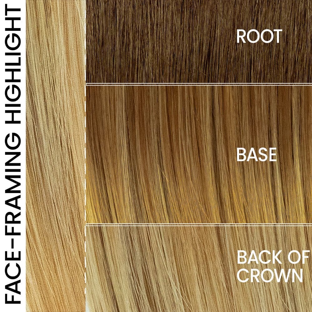 EL 14/26/R10 | Warm red brunette blended with cool gold blonde, highlighted with gold blonde rooted medium brown