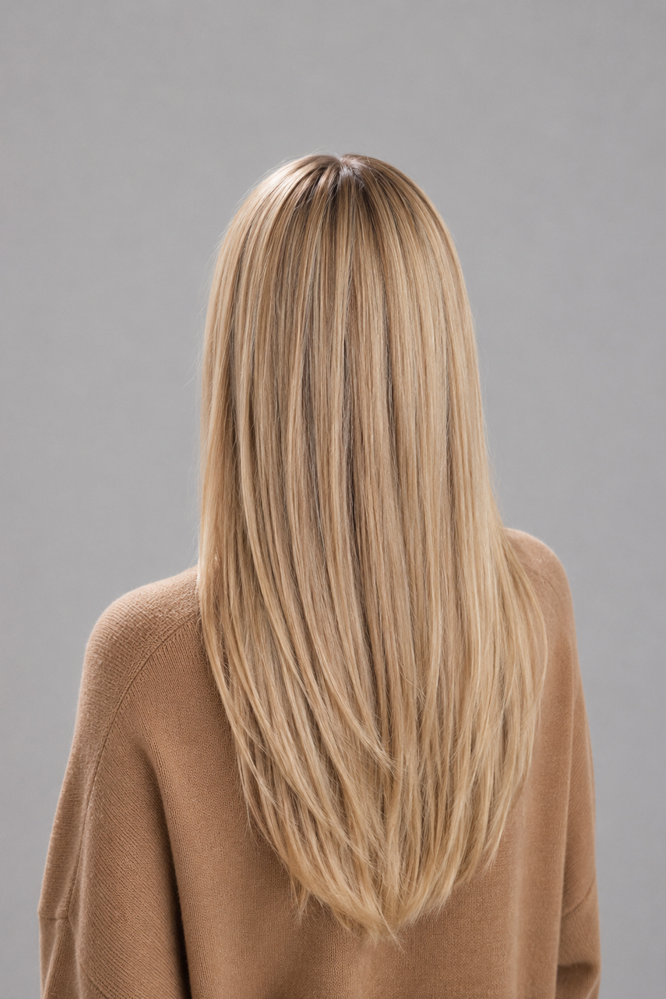 Woman wearing Remmie human hair wig by PUSH Hair in color champagne creme rooted and a tan sweater against a light grey background - back view