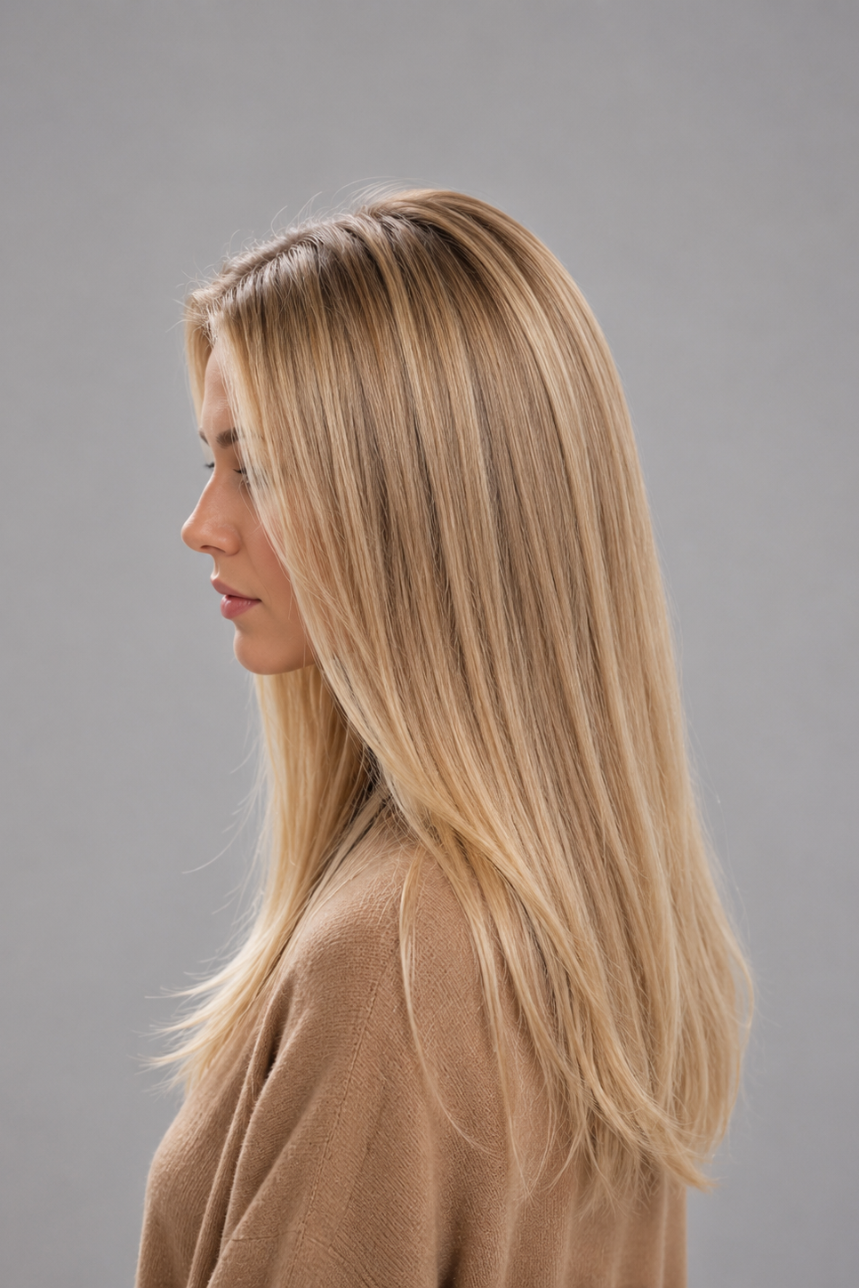Woman wearing Remmie human hair wig by PUSH Hair in color champagne creme rooted and a tan sweater against a light grey background - left side view