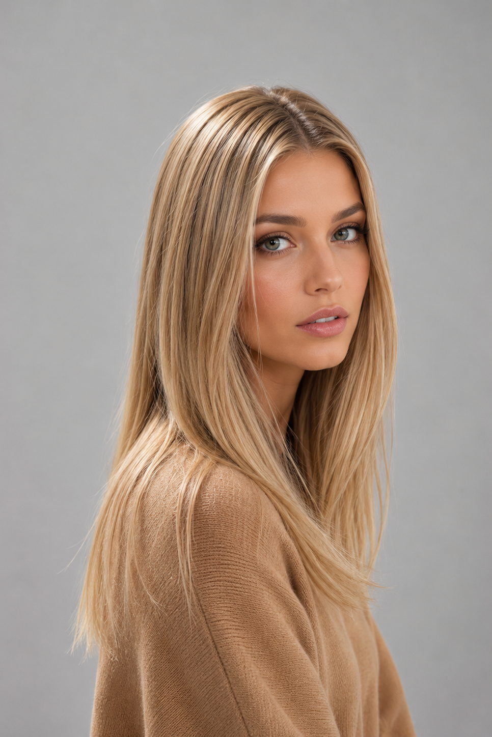 Woman wearing Remmie human hair wig by PUSH Hair in color champagne creme rooted and a tan sweater against a light grey background - right side view
