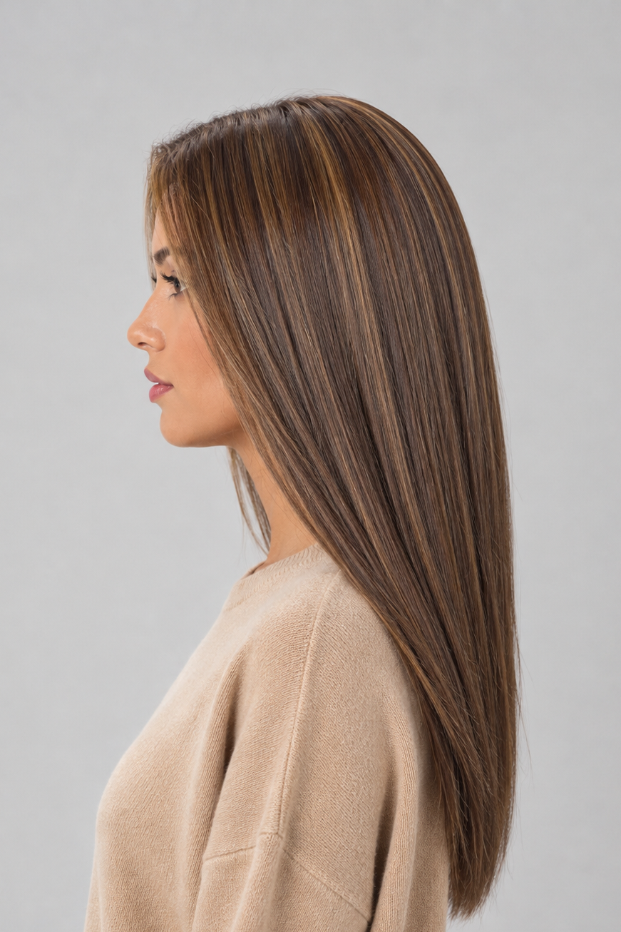 Toasted Almond | 10.14 | A beautifully dimensional blend of neutral light brown and dark blonde tones accented with soft honey-blonde highlights.