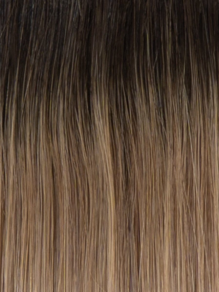 RH10/20SS | Shaded Buttered Walnut | A rooted medium brown / brunette shade built around buttered walnut. The darker root gives the color extra depth while the lengths show the lighter blended tones.