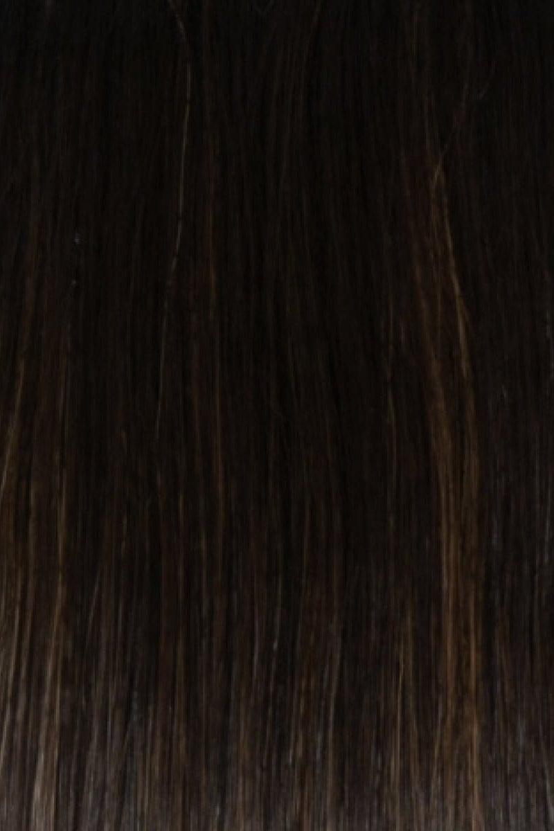 RH4/10SS | Shaded Java | A rooted medium brown / brunette shade built around java. The darker root gives the color extra depth while the lengths show the lighter blended tones.