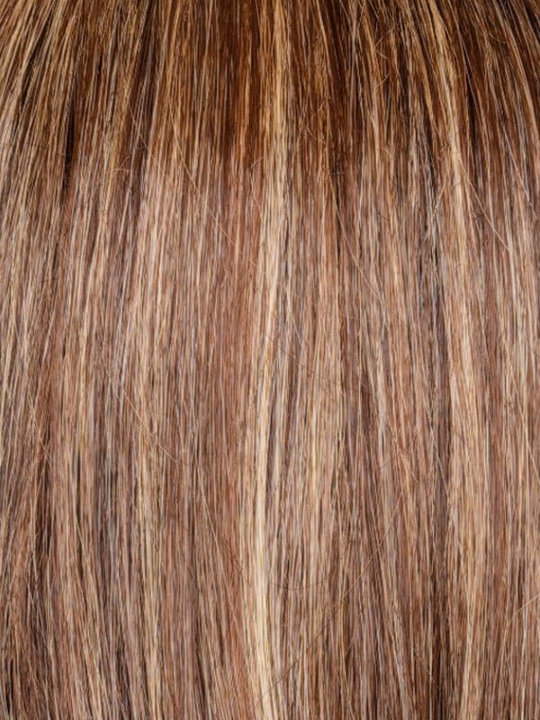Caramel Swirl | A blend of warm caramel ribbons, chocolate brown slices, and honey-toned blondes. Chunky and woven highlights and beautifully blended brown roots that seamlessly transition.