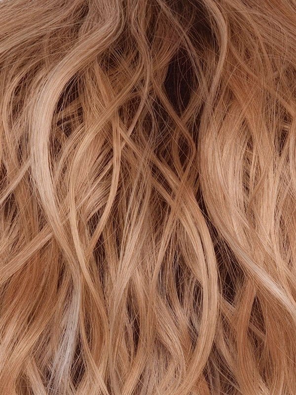 Peaches & Cream | A warm peach blonde base with creamy undertones and bright cream-white face-framing highlights. A rich chocolate root adds contrast, creating a vibrant, playful, yet sophisticated look.