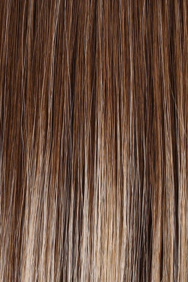 Sunrise | S4-28/32RO | Dark Brown rooting to mid-length, transitioning to a Light Natural Red Blonde with Medium Natural Red mid-length to ends
