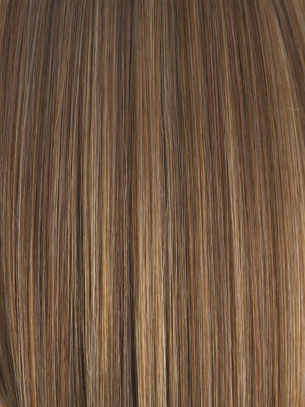 ALMOND-ROCKA | Dark Golden Brown base color with Strawberry Blonde and Bright Cooper evenly blended highlights