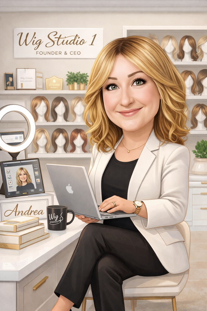 Woman in wig store sitting at desk with laptop and wigs on shelves behind her