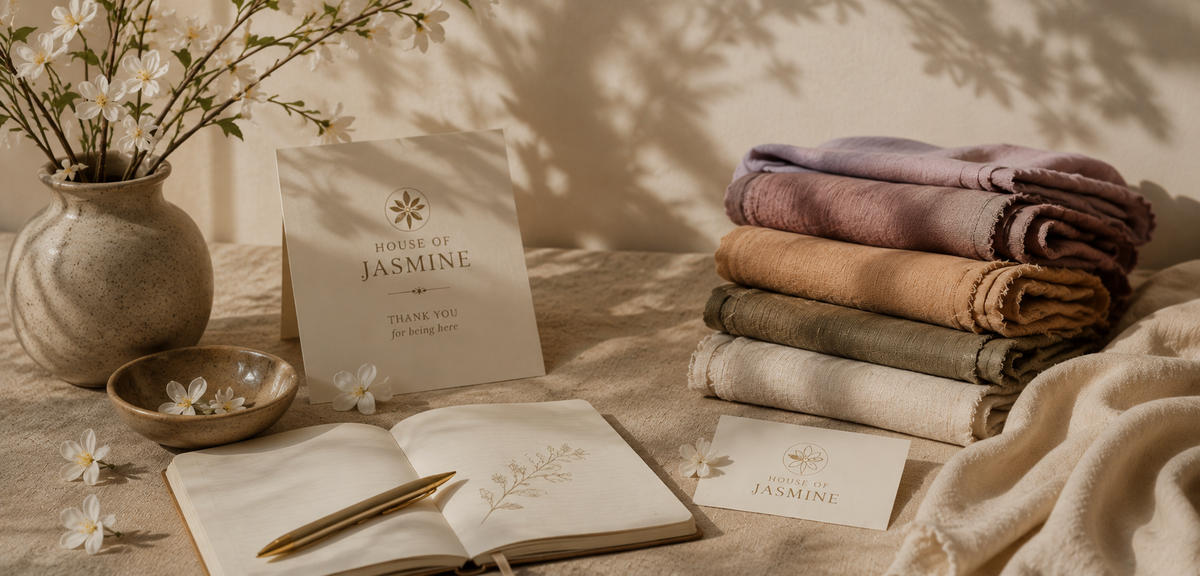 Thank you note from House of Jasmine with bamboo stacked alongside it on a desk. Bamboo colors are mauve, ivory and sage.