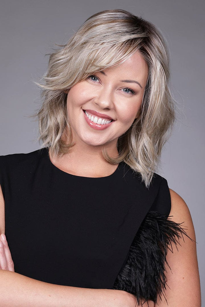 Woman wearing Donna Wig by Belle Tress in color Butterbeer R.