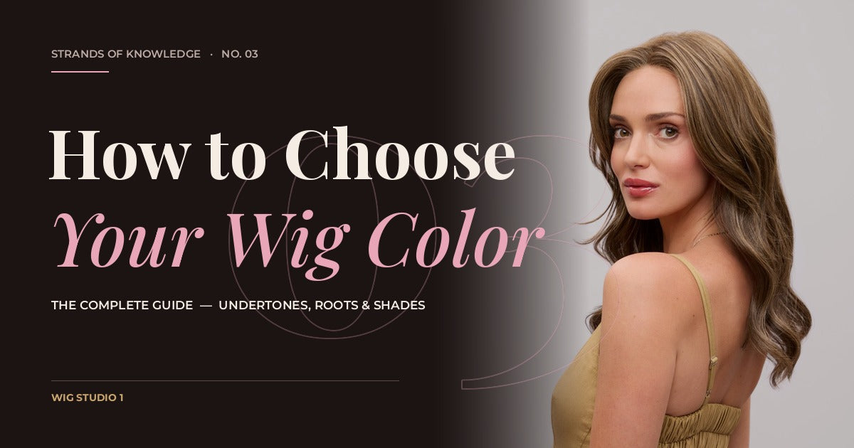 How to Choose Your Wig Color, a Strands of Knowledge guide from Wig Studio 1, with a model wearing the Fiona Lite wig by Jon Renau.