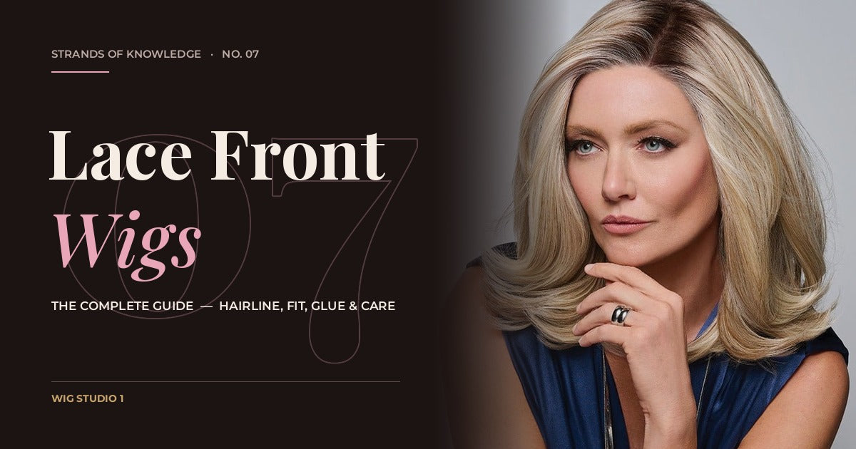Lace Front Wigs: The Complete Guide, a Strands of Knowledge guide from Wig Studio 1, with a model wearing Showrunner by Raquel Welch, a heat friendly synthetic lace front wig