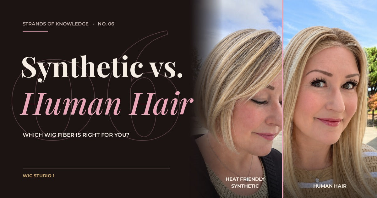 Synthetic vs. Human Hair Wigs, a Strands of Knowledge guide from Wig Studio 1, with Andrea Carlson wearing River by PUSH (heat friendly synthetic) and Remmie by PUSH (human hair)