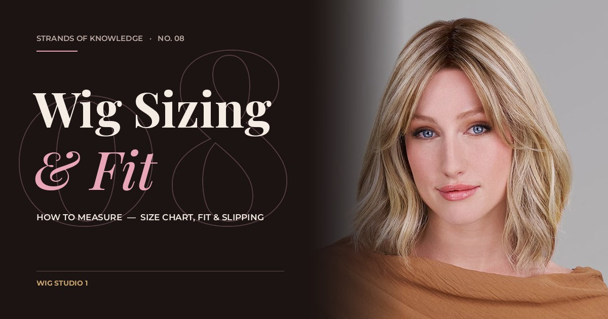 Wig Sizing and Fit Guide, a Strands of Knowledge guide from Wig Studio 1, with a model wearing Hollie by Jon Renau, available in petite, average and large cap sizes