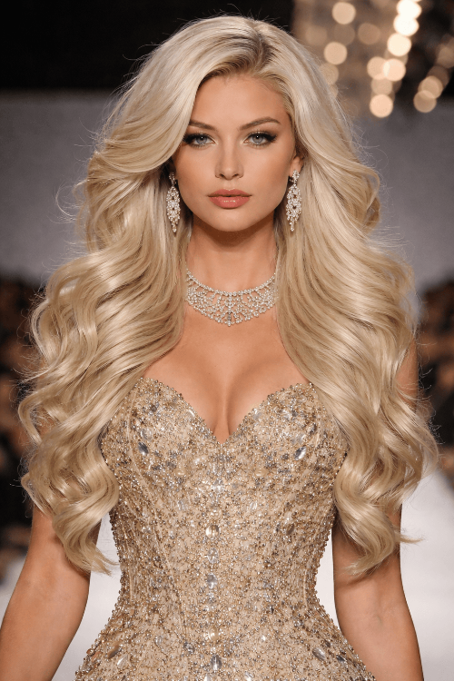 Model on runway wearing a long blonde wig